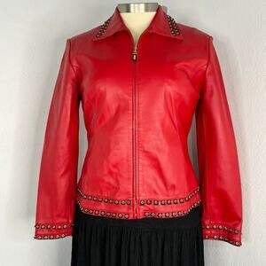 St. John Sport Red Leather Jacket Blazer Grommet Detailing Size Large